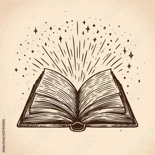 Magical open book, whimsical mood, hand-drawn vector illustration, with sparkling elements
