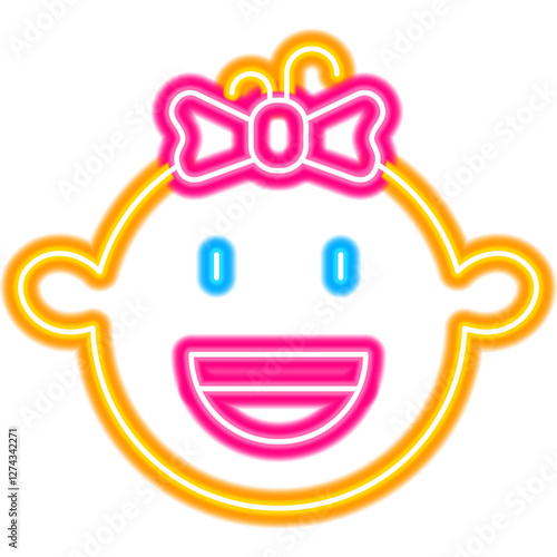 Baby Shower Girl Face Neon Icon. Vector Illustration of Happy Birthday Celebration. Toddler Child.
