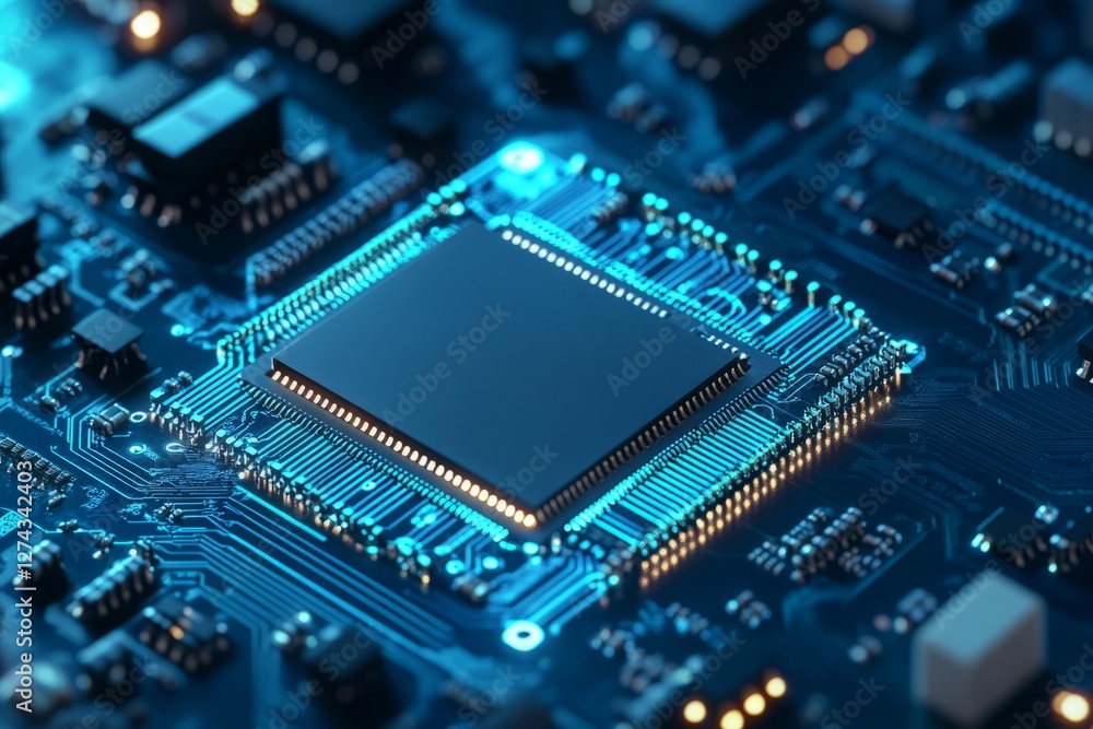 Computer chip placed on a green circuit board with intricate wiring and connections visible Computer chip placed on a green circuit board with intricate wiring and connections visible