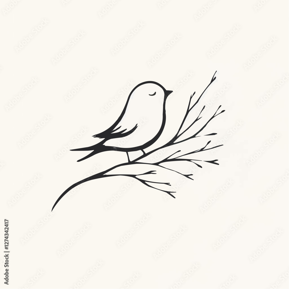 Obraz premium Minimalist bird on a branch, tranquil mood, line art vector illustration with delicate details 