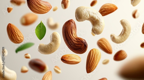 Wallpaper Mural Nuts and leafy greens suspended in mid-air create an appealing visual of healthy snacks in a minimalist setting Torontodigital.ca