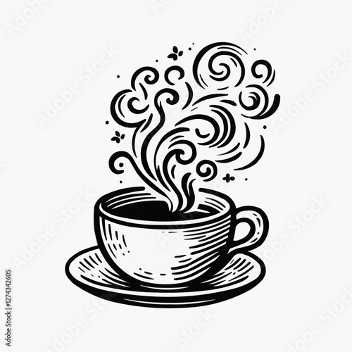 Charming steaming coffee cup, cozy mood, hand-drawn vector illustration, with aromatic swirls and plate
