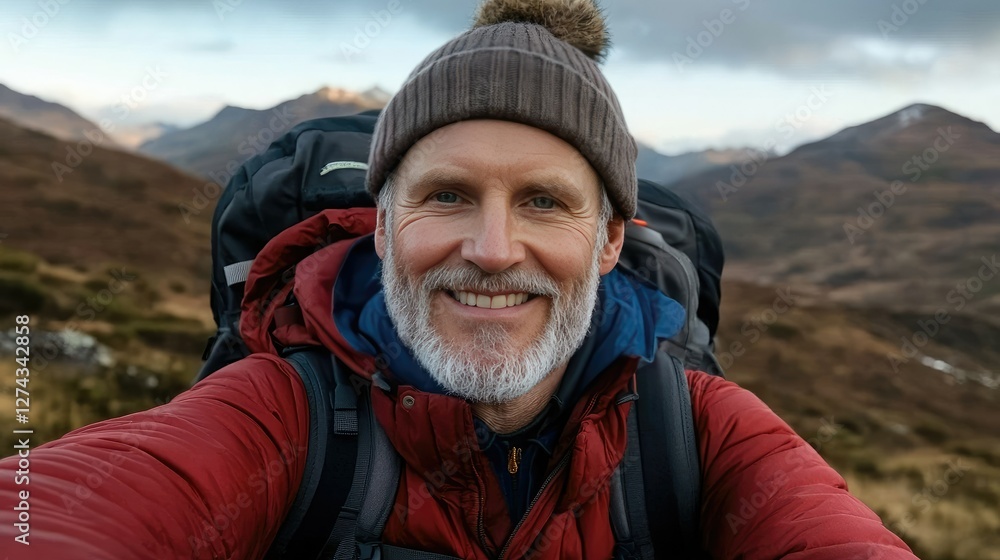 Adventurer enjoying a moment of joy in the mountains during sunset while exploring nature with a backpack Adventurer enjoying a moment of joy in the mountains during sunset while exploring nature with a backpack