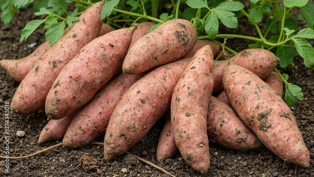Organic sweet potatoes with brown skins on soil entwined with green vines Organic sweet potatoes with brown skins on soil entwined with green vines