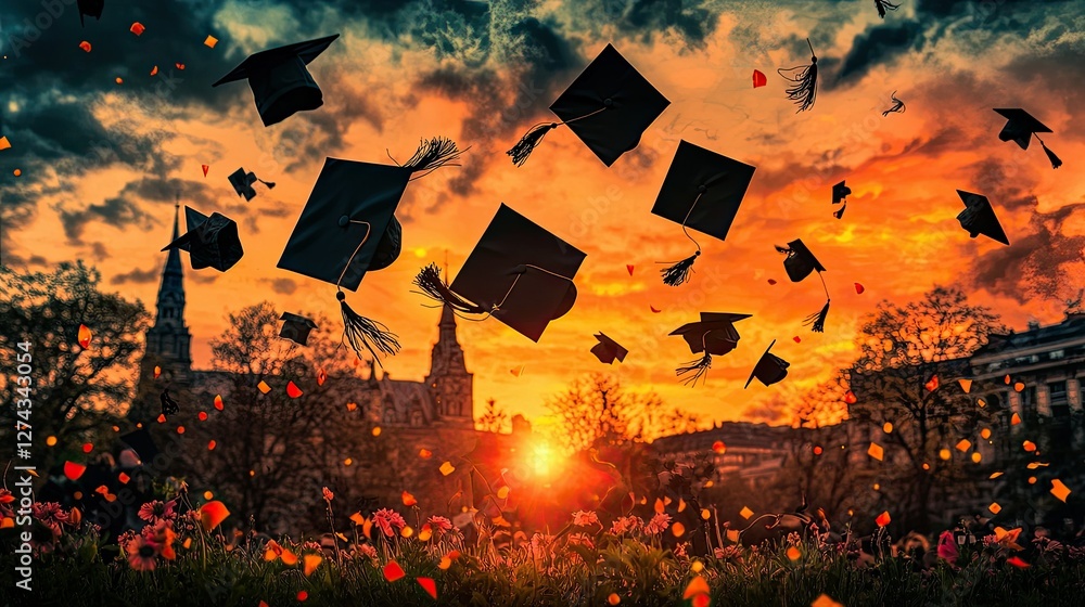 Graduation Caps Soar Sunset Sky Celebration Graduation Caps Soar Sunset Sky Celebration