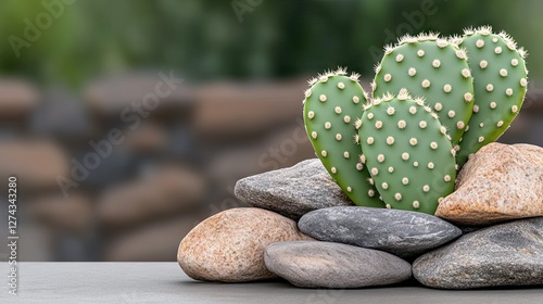 Group of opuntia cacti resting on smooth stones at a garden, showcasing unique shapes against a blurred natural backdrop photo