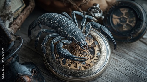 Dark scorpion on antique pocket watch, rustic wooden background. photo