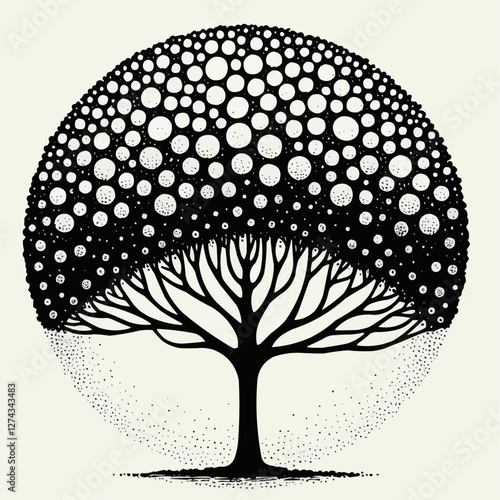 Artistic black and white illustration of a tree with a dotted circular canopy pattern