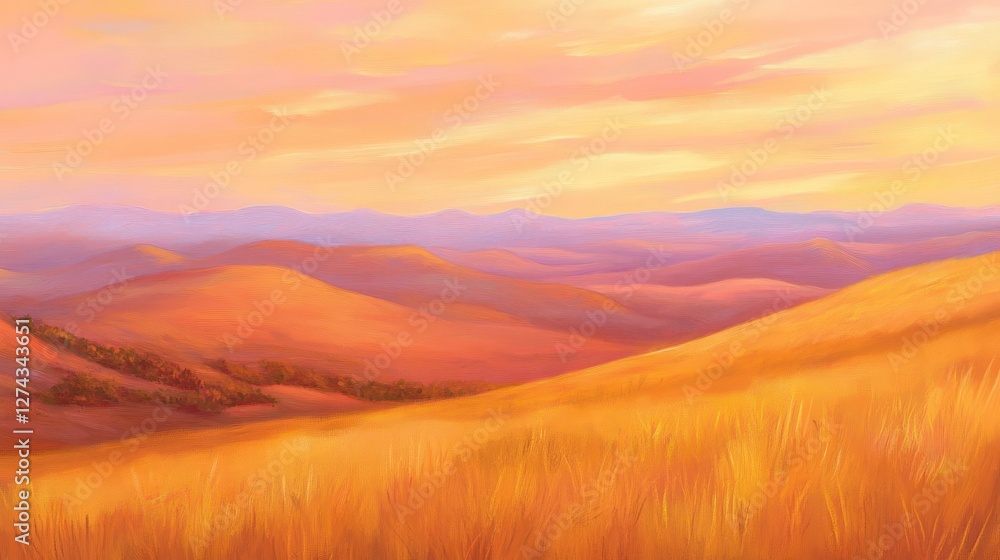 Golden sunset over rolling hills and fields of tall grass. Golden sunset over rolling hills and fields of tall grass.