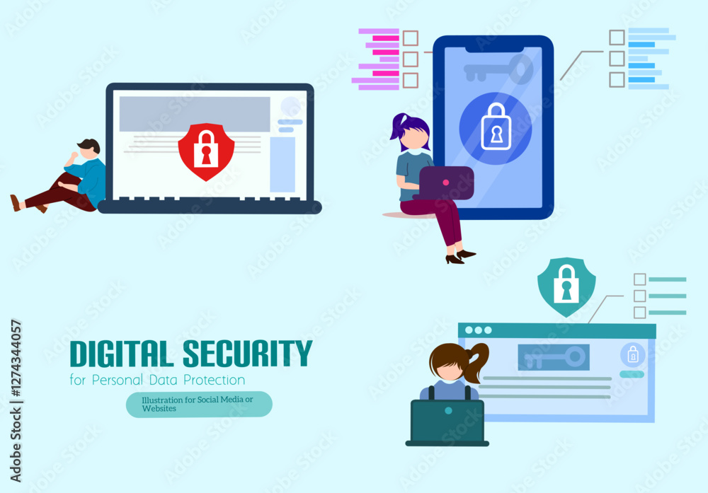 Ilustrasi vektor berwarna-warni, konsep perlindungan data komputer untuk halaman web Ilustrasi vektor berwarna-warni, konsep perlindungan data komputer untuk halaman web