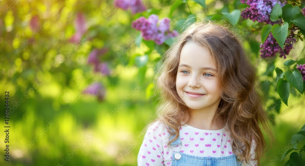 Smiling girl with curly hair standing near blooming lilac flowers in spring Smiling girl with curly hair standing near blooming lilac flowers in spring
