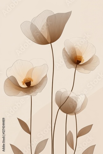 Elegant floral artwork featuring translucent petals and sepia tones against a soft beige background creating a serene and artistic visual