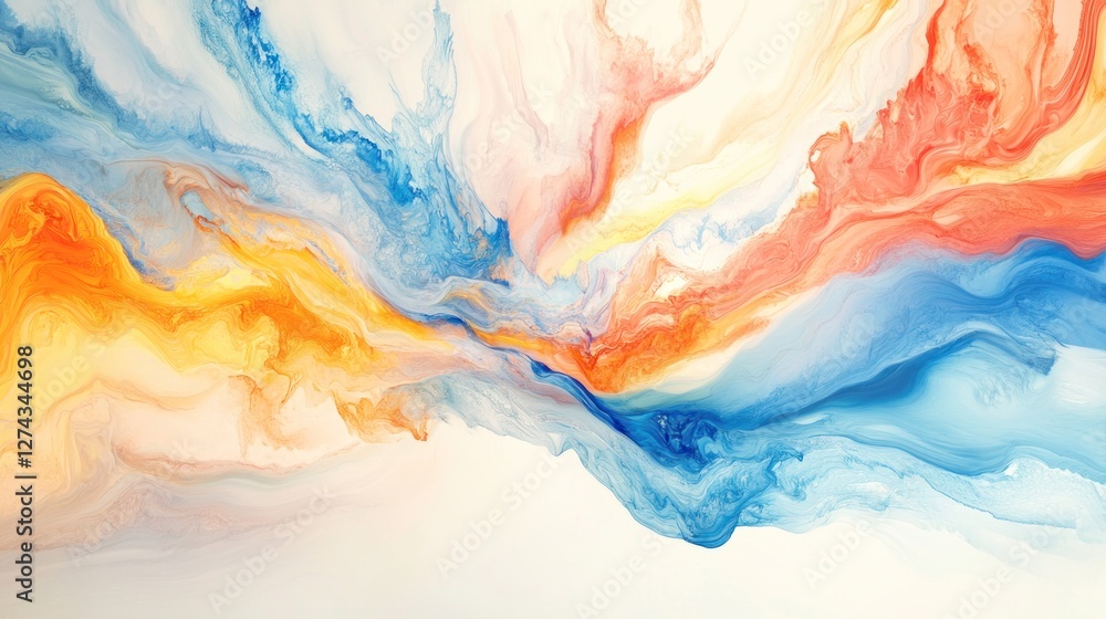 Fototapeta premium Abstract colorful fluid art, flowing paint, vibrant hues, white background, design element