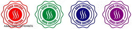 Odor control rounded badge collection set on white background. Odor control protocol label for hygiene kits. Vector deodorant control badge. Anti odor approval mark for hygiene packs. Vector