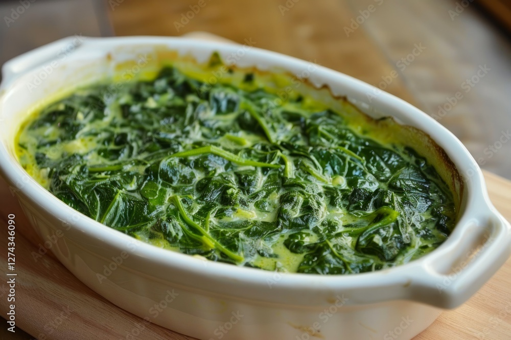 Creamed spinach in oval dish on wooden table. Neural network AI generated Creamed spinach in oval dish on wooden table. Neural network AI generated