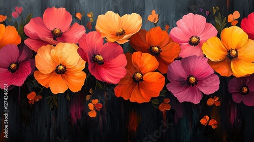 Vibrant floral arrangement featuring colorful poppies against a dark textured background