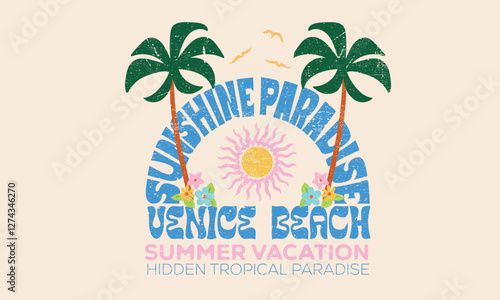 Summer vibes artwork. Sunshine paradise graphic print design. Enjoy beach life. Palm tree with flower. Surf club design. Beach modern abstract art. Ocean abstract wave. Here come the sun.
