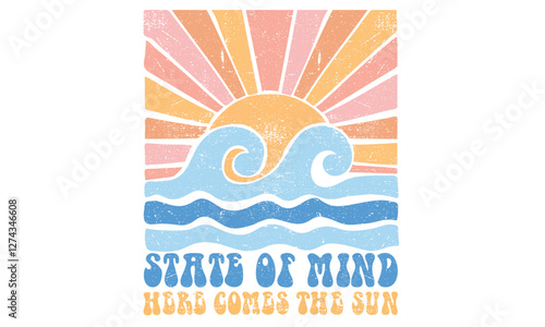 Here come the sun. Summer vibes artwork. Sunshine paradise graphic print design. Enjoy beach life. Surf club design. Beach modern abstract art. Ocean abstract wave.
