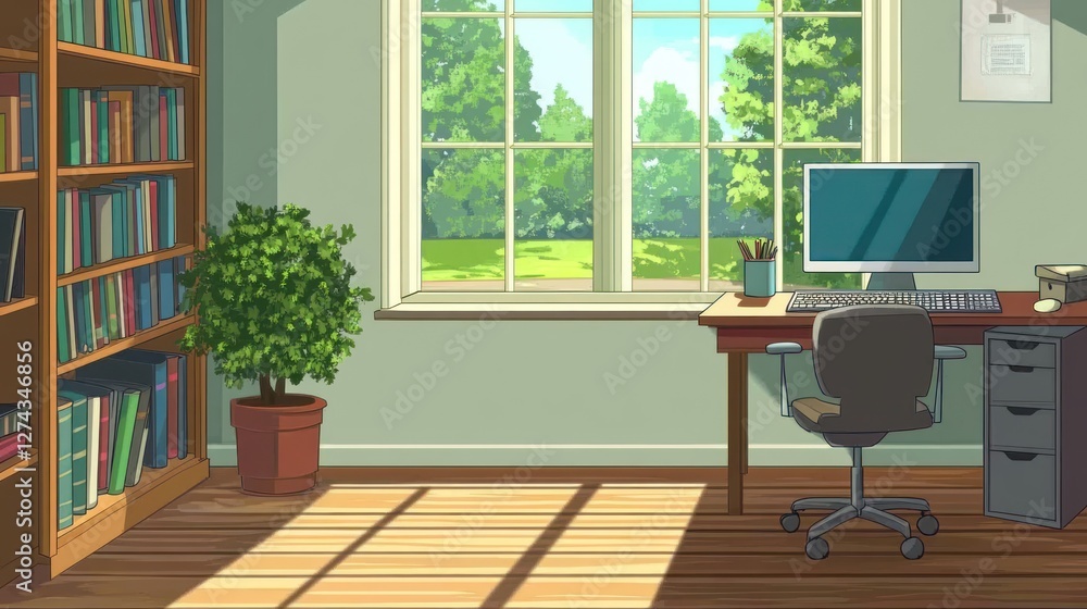 Obraz premium Home office with garden view, bright sunny day, ideal for work from home