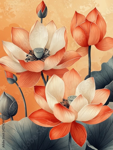 Vibrant lotus flowers in varying stages of bloom against a warm orange background, symbolizing beauty