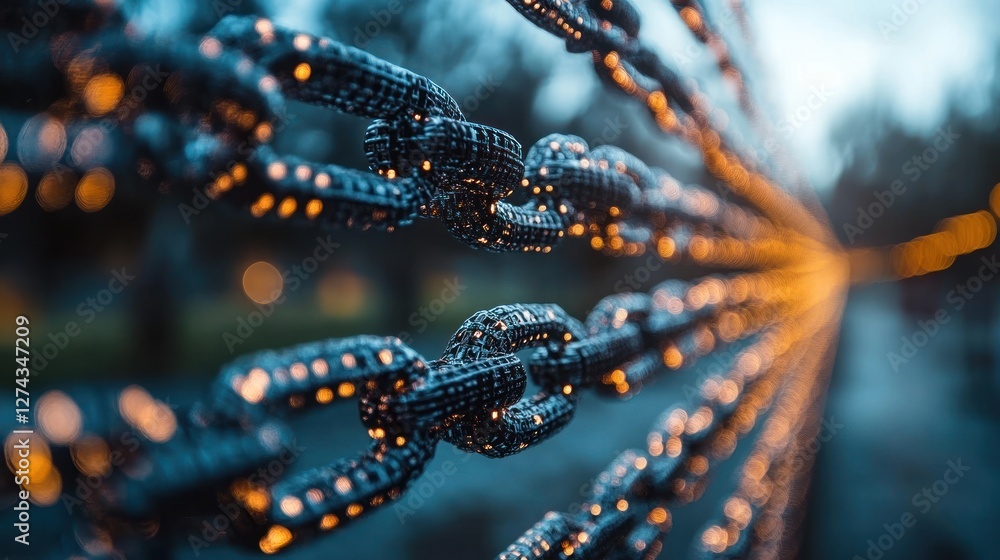 Fototapeta premium Abstract image of metallic chains converging in perspective, glowing with warm light.