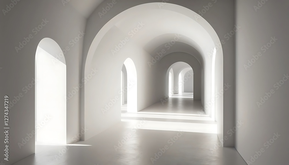 Fototapeta premium Ethereal Archways, A Luminous White Hallway with Repeating Arches