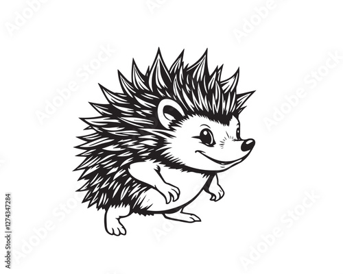 Line art illustration, black and white, simple background, easily colorable. Adorable hedgehog with charming features, volumetric lighting, light beams through dust or fog, Vector.