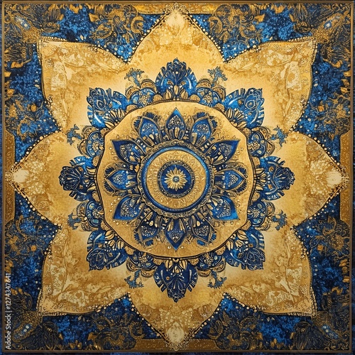Intricate Blue and Gold Mandala Design Square Artwork Spiritual Geometric Pattern