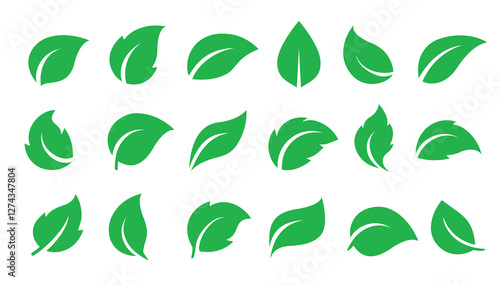 set of flying green plants and herbs leaves icons sign