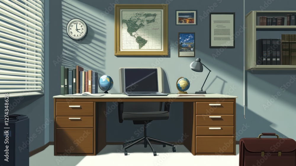 Sunny office, desk, map, globe, research, work, background books Sunny office, desk, map, globe, research, work, background books
