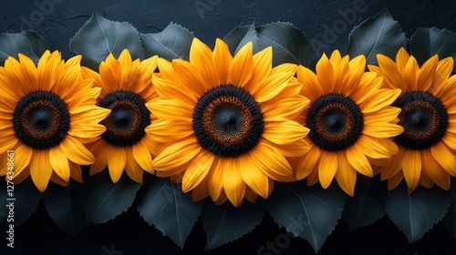 A vibrant arrangement of sunflowers with lush green leaves against a dark textured background