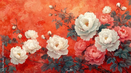 Vibrant floral artwork featuring peonies in shades of pink and white against a textured red background