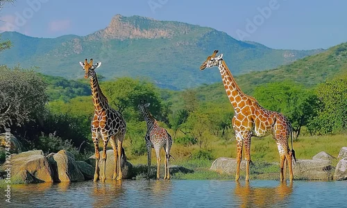 Obraz  Majestic Giraffe Family Stretching to Reach Tender Leaves in the Serene African Savanna.  Three Giraffidae gracefully wander through the grassy field at sunset.