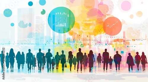 Artistic depiction of the process of customer segmentation and targeting illustrated with diverse consumer group silhouettes and demographic data