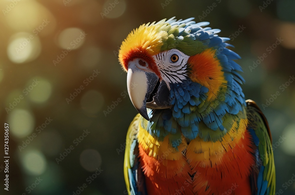 Obraz premium A vibrant macaw displaying colorful feathers, sitting outdoors amidst bokeh lighting, evoking tropical elegance and vibrancy.