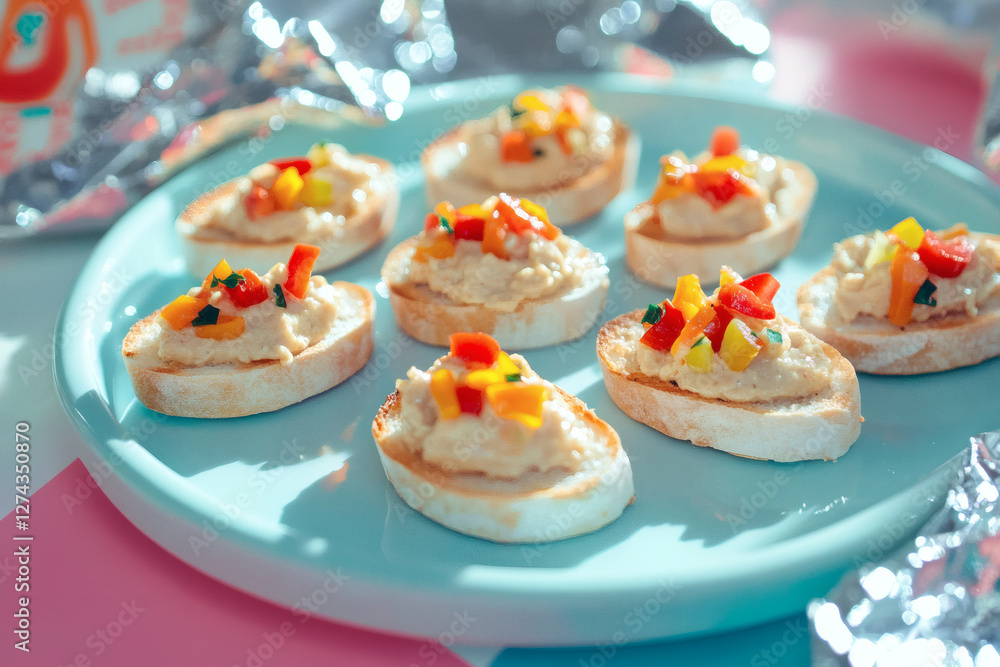 Mini bruschettas with cashew pâté and marinated peppers on a pastel blue ceramic plate, set against a baby blue and pink checkerboard. Nostalgic accents create a whimsical, Y2K vibe Mini bruschettas with cashew pâté and marinated peppers on a pastel blue ceramic plate, set against a baby blue and pink checkerboard. Nostalgic accents create a whimsical, Y2K vibe