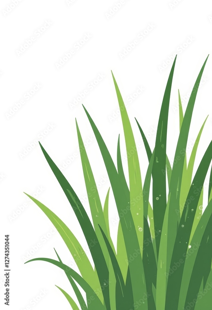 Fresh Green Grass Blades with Dew Drops, Minimalist Flat Color Illustration, Natural Studio Lighting, Copyspace for Text Fresh Green Grass Blades with Dew Drops, Minimalist Flat Color Illustration, Natural Studio Lighting, Copyspace for Text