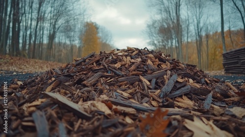 Wallpaper Mural A close-up view of a pile of wood chips on a forest path during autumn, with trees in the background Torontodigital.ca