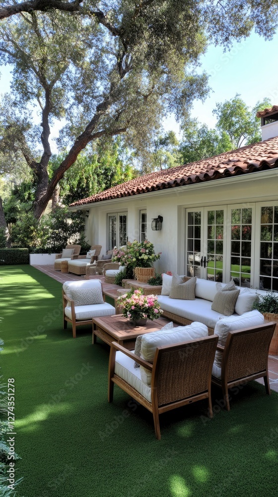 Fototapeta premium Elegant outdoor living space featuring comfortable seating and beautiful landscaping in a serene garden setting