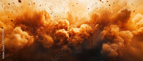Dramatic explosion of orange dust particles in dynamic motion creating a powerful and intense visual impact with a warm color palette