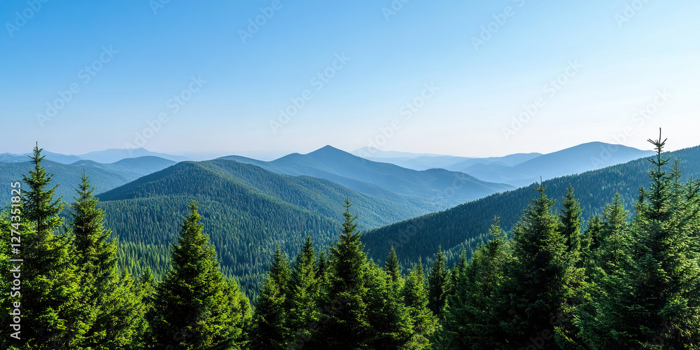 Fototapeta premium Panoramic View of Mountain Range and Evergreen Forest