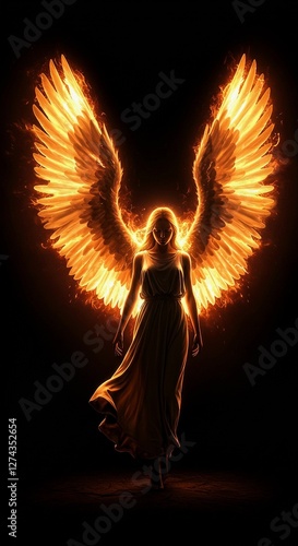angel with fire wings on dark background 