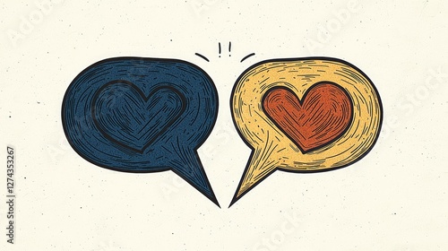 Two speech bubbles contain hearts expressing love