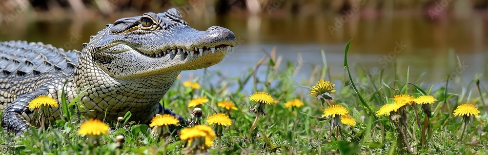 Fototapeta premium Wildlife Photography Of A Crocodile, Animal Photography, Crocodile Close-up. Young Alligator Lounging in Lush Green Foliage .