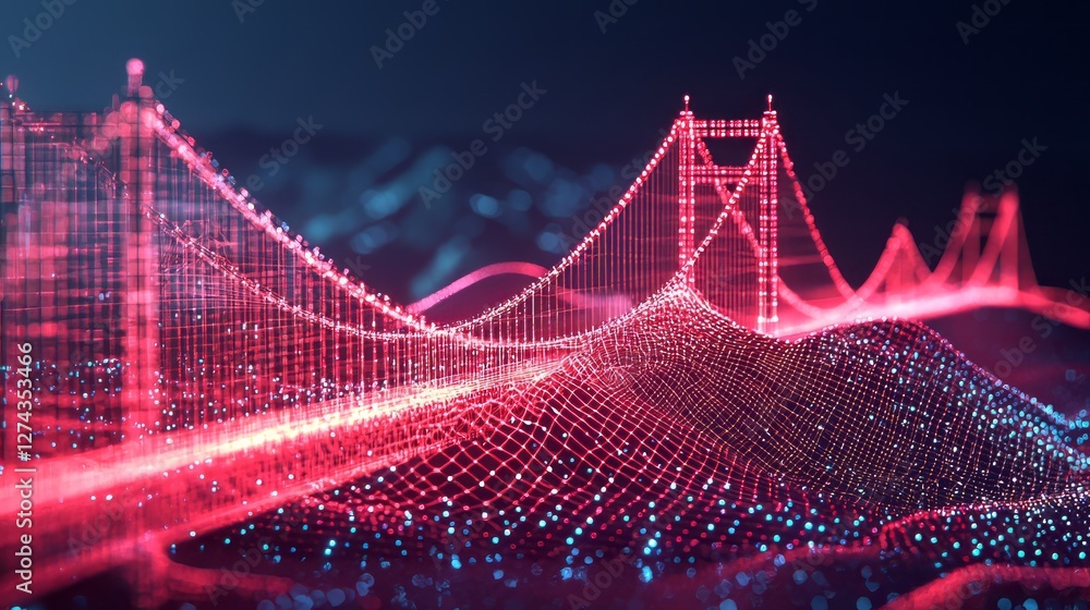 custom made wallpaper toronto digitalA futuristic digital bridge made of glowing red neon data points, stretching across a virtual landscape in a cyberpunk setting. Abstract technology concept. AI generative.