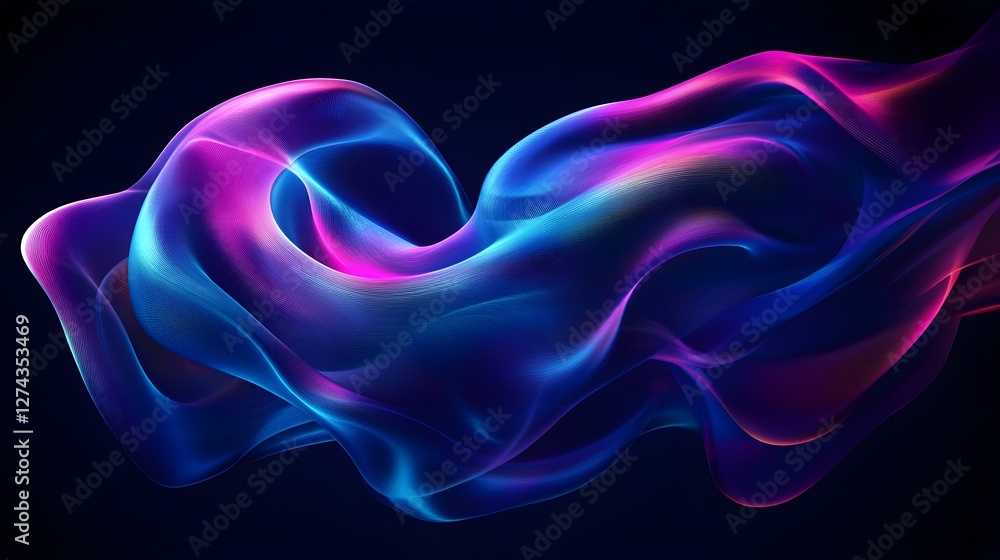 Naklejka premium Digital 3D fluid shape with blue and purple gradients on a black background. Abstract art illustration. Abstract iridescent blue and pink 3D swirl on a black background