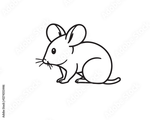 Line art illustration, black and white, simple background, easily colorable. Adorable mouse with charming features, volumetric lighting, light beams through dust or fog, Vector.