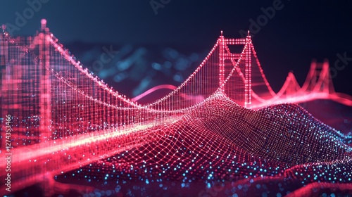 Wallpaper Mural A futuristic digital bridge made of glowing red neon data points, stretching across a virtual landscape in a cyberpunk setting. Abstract technology concept. AI generative. Torontodigital.ca