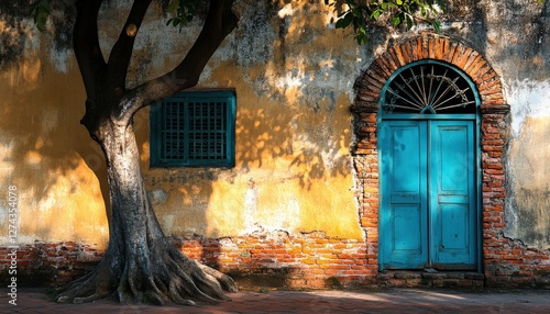 Turquoise door, aged wall. Tree shadow, Colombian street. Travel photography, tourism use