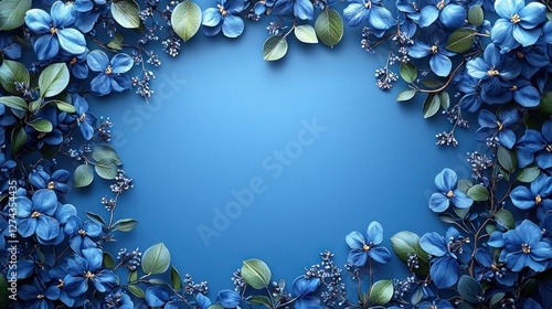 Vibrant blue floral arrangement framing a serene blue background, perfect for invitations or decor